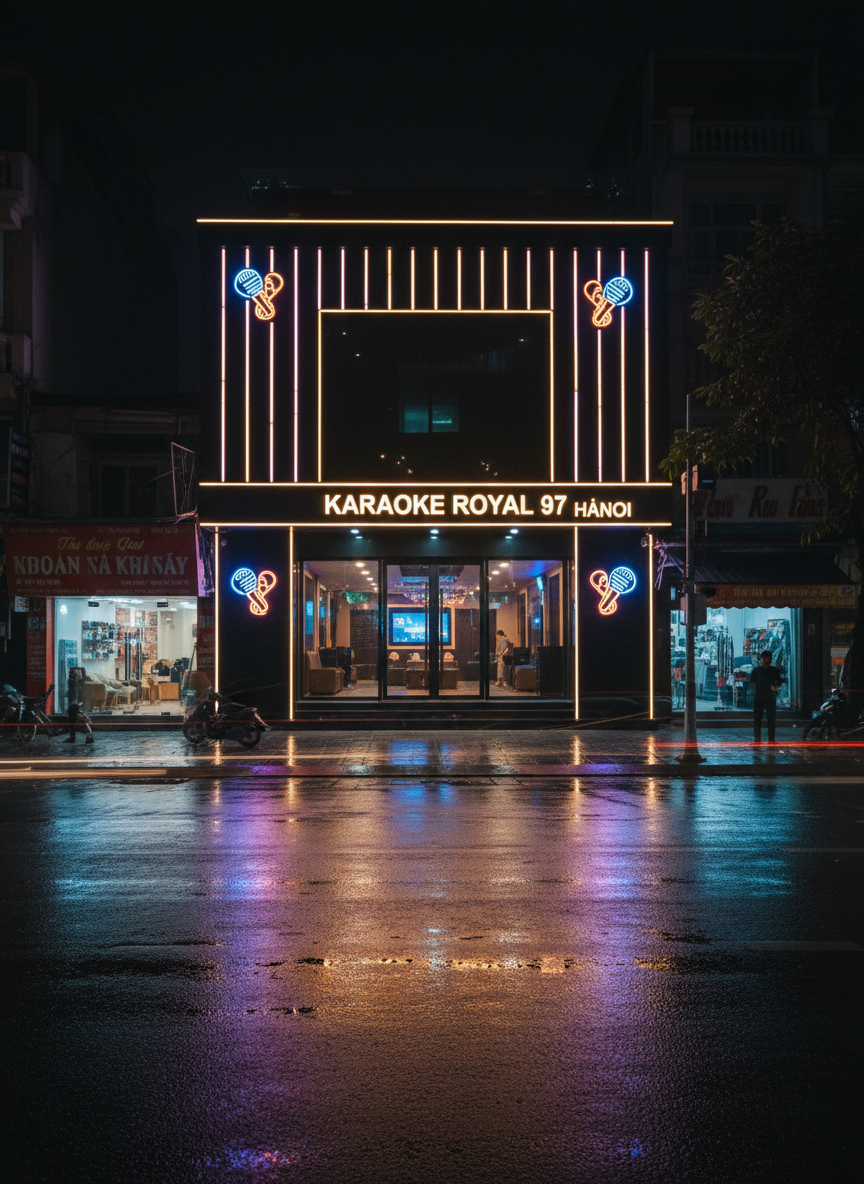 Photographic realism of the exterior facade of “Karaoke Royal 97 Hanoi” at night, a sleek modern low-rise building on a lively Hanoi street. The entrance at 97 Cầu Giấy is framed by glossy black panels and vertical LED light strips glowing in purple and gold. Glass doors reveal a hint of illuminated karaoke rooms inside. Neon-style abstract icons near the doorway subtly suggest microphones and music notes instead of text signage. Warm streetlights mix with colorful facade lighting, creating reflections on wet pavement. Shot at eye level with a wide lens, capturing nearby storefronts softly blurred, emphasizing an energetic yet professional nightlife atmosphere suitable for a premium karaoke business.