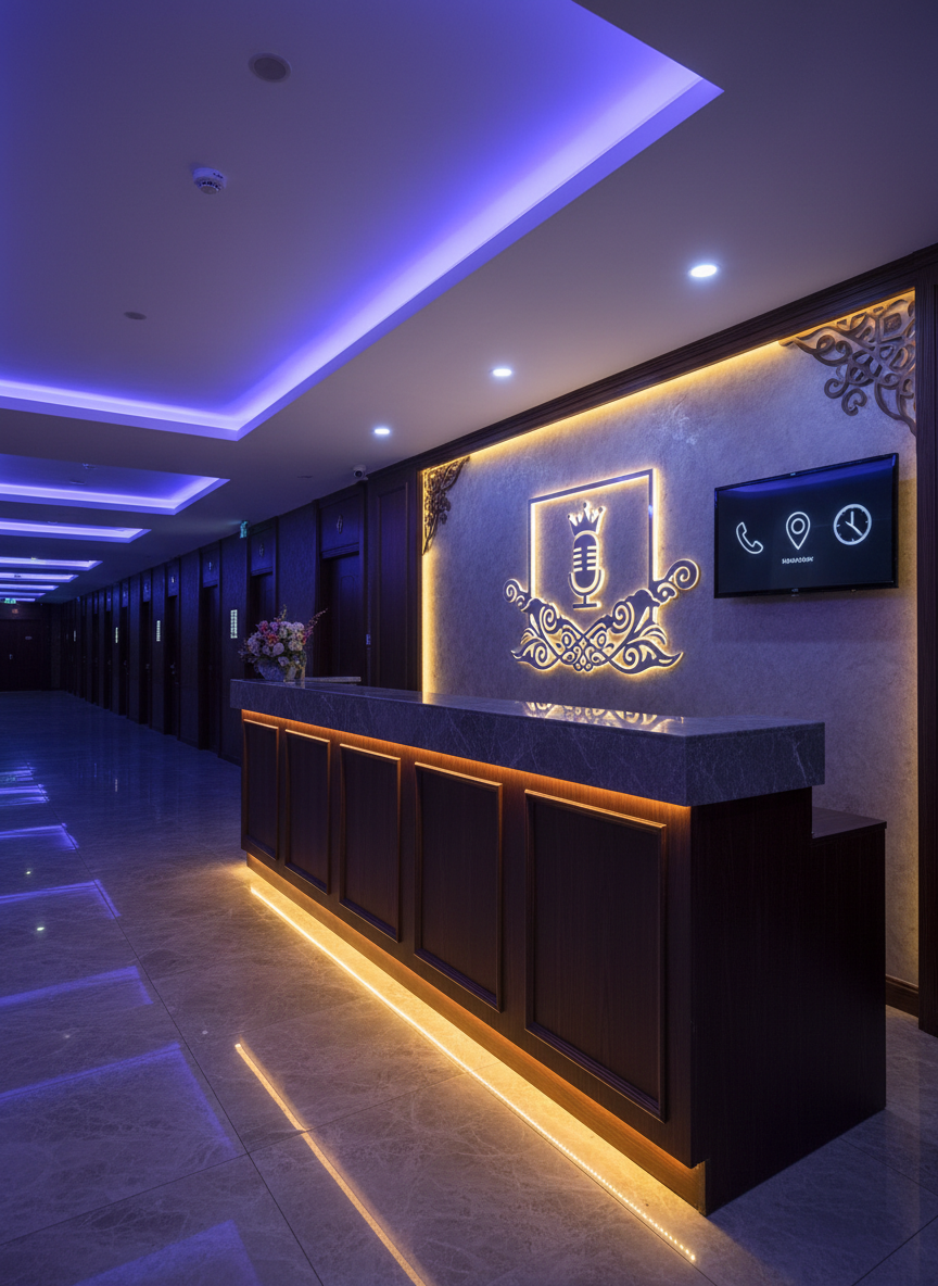 A luxurious reception counter of a professional karaoke lounge in Hanoi, photographed in high detail. The counter is made of dark wood with a polished stone top, backlit by a soft golden LED strip. Behind it, a decorative wall features an elegant crown-and-microphone abstract emblem, with subtle bilingual design elements hinting at Vietnamese and Mandarin through stylized patterns, not text. A sleek digital screen displays icons for phone, map pin, and clock to suggest contact, address, and opening hours. Ambient purple and blue ceiling lights create a sophisticated glow. Shot from a slightly elevated angle, with sharp focus on the counter and a gentle bokeh of corridor doors leading to rooms, conveying a welcoming and professional mood.
