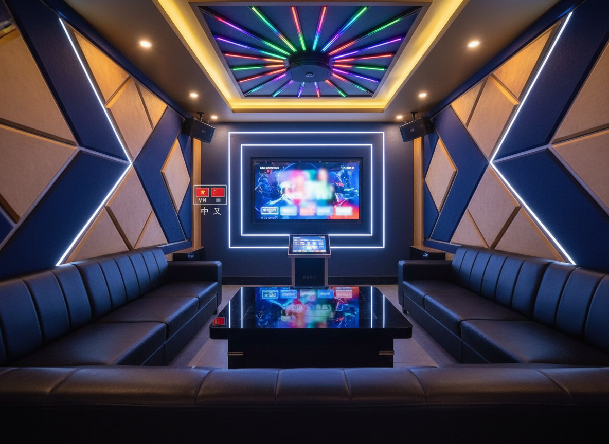 Photorealistic interior of a premium karaoke VIP room at Karaoke Royal 97 Hanoi. A long U-shaped sofa in deep charcoal leather wraps around a low, glossy black table reflecting colorful LED lights. The walls are soundproofed with geometric acoustic panels in gold and midnight blue, with thin light strips outlining each shape. A large ultra-HD screen is mounted on the front wall, showing a blurred music video scene with no visible people. Below, a sleek touchscreen song selection console glows softly. Small icon-based graphics near the screen subtly indicate Vietnamese and Mandarin language options. Warm overhead spotlights mix with dynamic RGB ambient lighting, creating an intimate yet high-energy atmosphere. Captured at eye level with a wide-angle composition emphasizing depth and spaciousness.