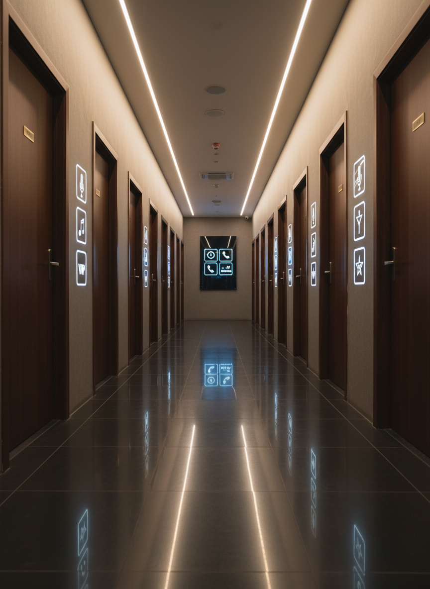 A wide, photorealistic view of a floor corridor inside Karaoke Royal 97 Hanoi, showcasing multiple private rooms and operational details. The corridor has polished dark tile flooring reflecting the ceiling’s continuous LED strip lights in warm white. Each room door is deep wood with a small illuminated panel showing simple icon combinations for room size and services rather than text. At the corridor entrance, a sleek wall-mounted information panel uses icons for a clock, phone, map pin, and musical notes to imply hours, contact info, address at 97 Cầu Giấy, and entertainment services. The perspective is a slightly low, vanishing-point composition emphasizing depth. The mood is organized, clean, and professional, with balanced lighting avoiding harsh shadows.