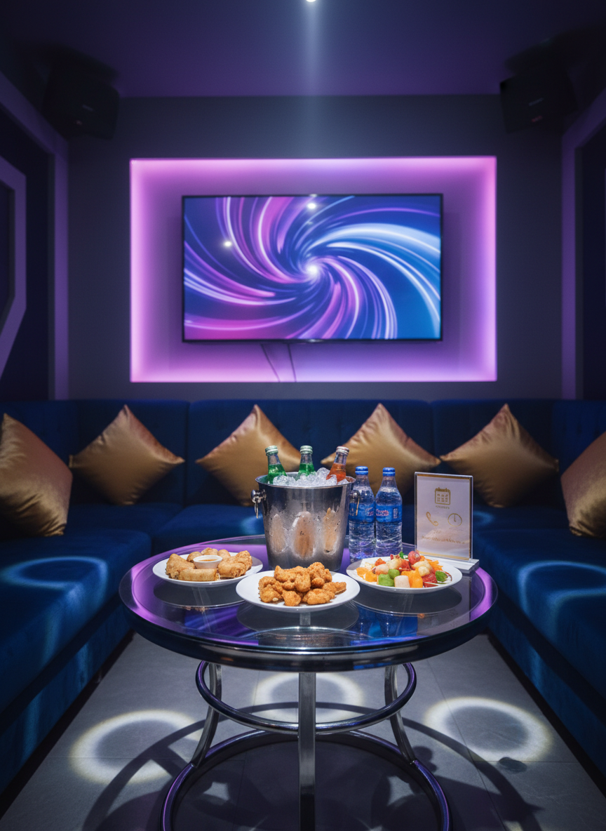 Photographic realism of a prepared karaoke party setup in a mid-size room at Karaoke Royal 97 Hanoi, emphasizing services without showing people. A central glass table holds chilled bottled drinks in an ice bucket, neatly arranged snack platters, and a small minimalist stand with icons suggesting booking, contact, and operating hours instead of text. Surrounding the table, plush navy-blue sofas with gold cushions face a large screen framed by dynamic LED panels cycling through purple, blue, and pink hues. Ceiling spotlights create gentle pools of light on the table while leaving the corners slightly darker, evoking a festive yet controlled ambiance. Shot from a slightly elevated, three-quarter angle, with sharp detail on the table and a soft background.