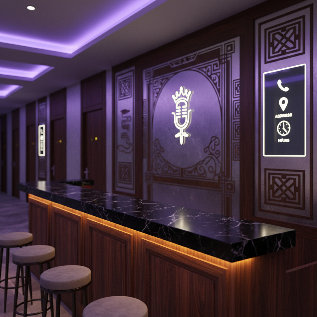 A luxurious reception counter of a professional karaoke lounge in Hanoi, photographed in high detail. The counter is made of dark wood with a polished stone top, backlit by a soft golden LED strip. Behind it, a decorative wall features an elegant crown-and-microphone abstract emblem, with subtle bilingual design elements hinting at Vietnamese and Mandarin through stylized patterns, not text. A sleek digital screen displays icons for phone, map pin, and clock to suggest contact, address, and opening hours. Ambient purple and blue ceiling lights create a sophisticated glow. Shot from a slightly elevated angle, with sharp focus on the counter and a gentle bokeh of corridor doors leading to rooms, conveying a welcoming and professional mood.